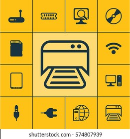 Set Of 12 Computer Hardware Icons. Includes Cellphone, Aux Cord, Cd-Rom And Other Symbols. Beautiful Design Elements.