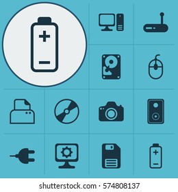 Set Of 12 Computer Hardware Icons. Includes Router, Battery, Hdd And Other Symbols. Beautiful Design Elements.
