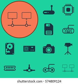 Set Of 12 Computer Hardware Icons. Includes Camera, Chip, Router And Other Symbols. Beautiful Design Elements.