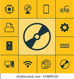 Set Of 12 Computer Hardware Icons. Includes Dynamic Memory, Settings, Desktop Computer And Other Symbols. Beautiful Design Elements.