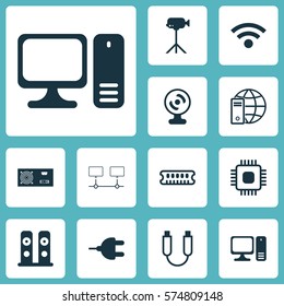Set Of 12 Computer Hardware Icons. Includes Wireless, Power Generator, Camcorder And Other Symbols. Beautiful Design Elements.