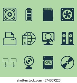 Set Of 12 Computer Hardware Icons. Includes Memory Card, Cpu, Loudspeakers And Other Symbols. Beautiful Design Elements.