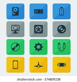 Set Of 12 Computer Hardware Icons. Includes Hdd, Laptop, Smartphone And Other Symbols. Beautiful Design Elements.