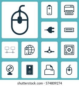 Set Of 12 Computer Hardware Icons. Includes Internet Network, Control Device, Battery And Other Symbols. Beautiful Design Elements.