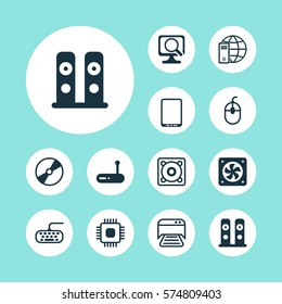 Set Of 12 Computer Hardware Icons. Includes Computer Ventilation, Loudspeakers, Control Device And Other Symbols. Beautiful Design Elements.