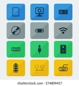 Set Of 12 Computer Hardware Icons. Includes Wireless, Aux Cord, Accumulator Sign And Other Symbols. Beautiful Design Elements.