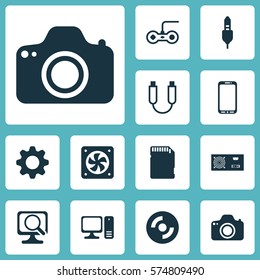 Set Of 12 Computer Hardware Icons. Includes Aux Cord, Computer Ventilation, Settings And Other Symbols. Beautiful Design Elements.