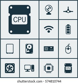 Set Of 12 Computer Hardware Icons. Includes Wireless, Control Device, Computer Ventilation And Other Symbols. Beautiful Design Elements.
