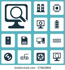 Set Of 12 Computer Hardware Icons. Includes Accumulator Sign, Computer Ventilation, Loudspeakers And Other Symbols. Beautiful Design Elements.