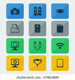 Set Of 12 Computer Hardware Icons. Includes Audio Device, Cellphone, PC And Other Symbols. Beautiful Design Elements.