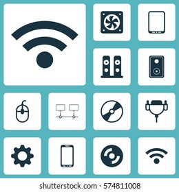 Set Of 12 Computer Hardware Icons. Includes Control Device, Vga Cord, Loudspeakers And Other Symbols. Beautiful Design Elements.