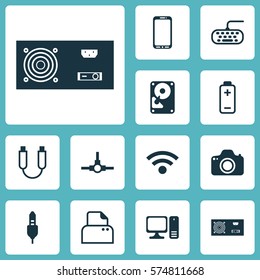 Set Of 12 Computer Hardware Icons. Includes Hdd, Portable Memory, Smartphone And Other Symbols. Beautiful Design Elements.
