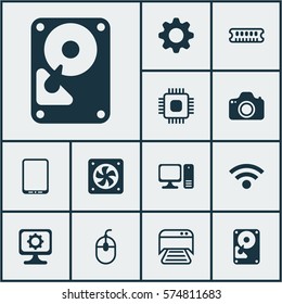 Set Of 12 Computer Hardware Icons. Includes Chip, Settings, Printed Document And Other Symbols. Beautiful Design Elements.