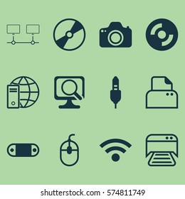 Set Of 12 Computer Hardware Icons. Includes Internet Network, Laptop, File Scanner And Other Symbols. Beautiful Design Elements.
