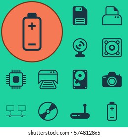 Set Of 12 Computer Hardware Icons. Includes Music, Printed Document, Battery And Other Symbols. Beautiful Design Elements.