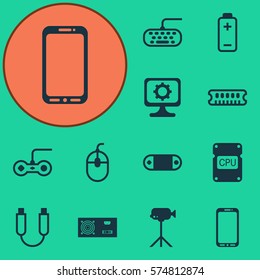 Set Of 12 Computer Hardware Icons. Includes Control Device, Radio Set, Camcorder And Other Symbols. Beautiful Design Elements.