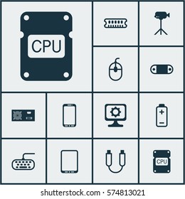 Set Of 12 Computer Hardware Icons. Includes PC, Computer Keypad, Dynamic Memory And Other Symbols. Beautiful Design Elements.