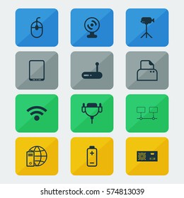 Set Of 12 Computer Hardware Icons. Includes Battery, Web Camera, Wireless And Other Symbols. Beautiful Design Elements.