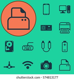 Set Of 12 Computer Hardware Icons. Includes Printed Document, Desktop Computer, Smartphone And Other Symbols. Beautiful Design Elements.