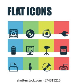 Set Of 12 Computer Hardware Icons. Includes Accumulator Sign, Cd-Rom, Aux Cord And Other Symbols. Beautiful Design Elements.
