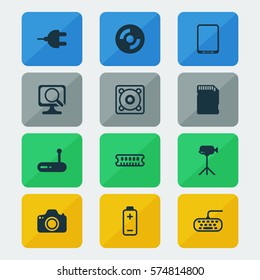 Set Of 12 Computer Hardware Icons. Includes Connector, Router, Cellphone And Other Symbols. Beautiful Design Elements.