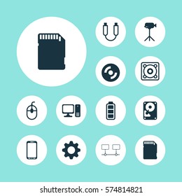 Set Of 12 Computer Hardware Icons. Includes Music, Smartphone, Hdd And Other Symbols. Beautiful Design Elements.