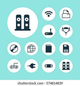 Set Of 12 Computer Hardware Icons. Includes Cd-Rom, Router, Diskette And Other Symbols. Beautiful Design Elements.