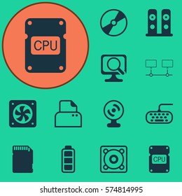 Set Of 12 Computer Hardware Icons. Includes Computer Keypad, Cd-Rom, Memory Card And Other Symbols. Beautiful Design Elements.