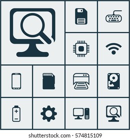 Set Of 12 Computer Hardware Icons. Includes Battery, Desktop Computer, Hdd And Other Symbols. Beautiful Design Elements.
