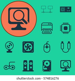 Set Of 12 Computer Hardware Icons. Includes Laptop, Control Device, Portable Memory And Other Symbols. Beautiful Design Elements.