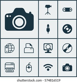 Set Of 12 Computer Hardware Icons. Includes Printed Document, Camera, Aux Cord And Other Symbols. Beautiful Design Elements.