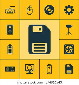 Set Of 12 Computer Hardware Icons. Includes Battery, Settings, Laptop And Other Symbols. Beautiful Design Elements.