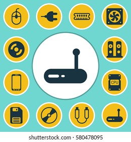 Set Of 12 Computer Hardware Icons. Includes Loudspeakers, Portable Memory, Connector And Other Symbols. Beautiful Design Elements.