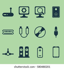 Set Of 12 Computer Hardware Icons. Includes PC, Portable Memory, Loudspeakers And Other Symbols. Beautiful Design Elements.
