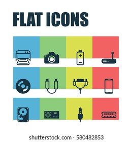 Set Of 12 Computer Hardware Icons. Includes Portable Memory, Vga Cord, Battery And Other Symbols. Beautiful Design Elements.