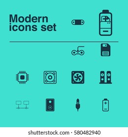 Set Of 12 Computer Hardware Icons. Includes Battery, Chip, Aux Cord And Other Symbols. Beautiful Design Elements.