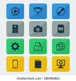 Set Of 12 Computer Hardware Icons. Includes Settings, File Scanner, Vga Cord And Other Symbols. Beautiful Design Elements.