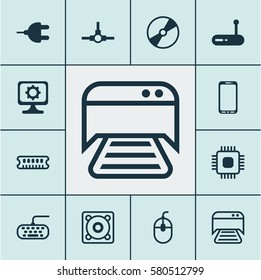 Set Of 12 Computer Hardware Icons. Includes Smartphone, Router, Cd-Rom And Other Symbols. Beautiful Design Elements.
