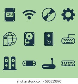 Set Of 12 Computer Hardware Icons. Includes Loudspeakers, Router, Wireless And Other Symbols. Beautiful Design Elements.