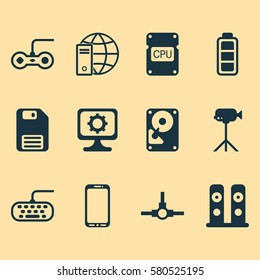 Set Of 12 Computer Hardware Icons. Includes Camcorder, Joystick, Computer Keypad And Other Symbols. Beautiful Design Elements.