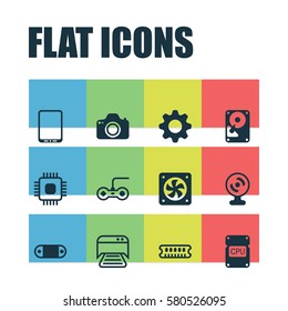 Set Of 12 Computer Hardware Icons. Includes Computer Ventilation, Chip, Cellphone And Other Symbols. Beautiful Design Elements.