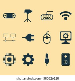 Set Of 12 Computer Hardware Icons. Includes Connector, Chip, Control Device And Other Symbols. Beautiful Design Elements.