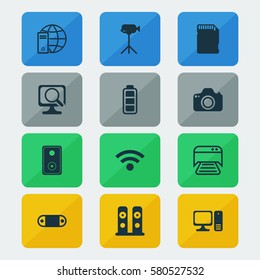 Set Of 12 Computer Hardware Icons. Includes Audio Device, Laptop, Camera And Other Symbols. Beautiful Design Elements.