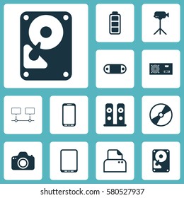Set Of 12 Computer Hardware Icons. Includes Camera, Camcorder, Power Generator And Other Symbols. Beautiful Design Elements.