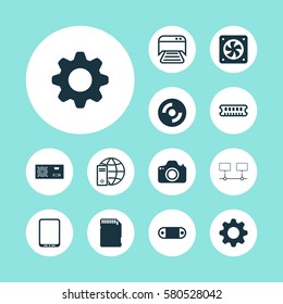 Set Of 12 Computer Hardware Icons. Includes Camera, Connected Devices, Memory Card And Other Symbols. Beautiful Design Elements.