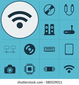 Set Of 12 Computer Hardware Icons. Includes Portable Memory, Loudspeakers, Wireless And Other Symbols. Beautiful Design Elements.