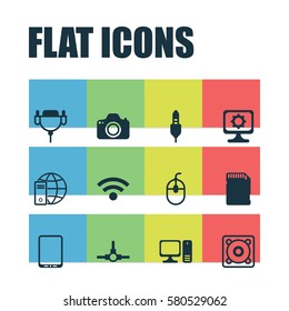 Set Of 12 Computer Hardware Icons. Includes PC, Control Device, Aux Cord And Other Symbols. Beautiful Design Elements.