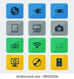 Set Of 12 Computer Hardware Icons. Includes Radio Set, Camera, Cellphone And Other Symbols. Beautiful Design Elements.