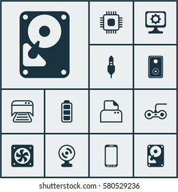 Set Of 12 Computer Hardware Icons. Includes Chip, Smartphone, Printed Document And Other Symbols. Beautiful Design Elements.
