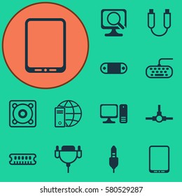 Set Of 12 Computer Hardware Icons. Includes Network Structure, Computer Keypad, Portable Memory And Other Symbols. Beautiful Design Elements.